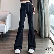 【初色】運動風低腰顯瘦抽繩收腰喇叭褲寬褲長褲休閒褲-共2色3款-33085(M-XL可選) L 黑色常規款