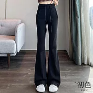 【初色】運動風低腰顯瘦抽繩收腰喇叭褲寬褲長褲休閒褲-共2色3款-33085(M-XL可選) L 黑色加長款