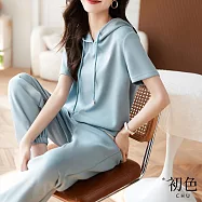 【初色】純色短袖抽繩連帽T恤+鬆緊運動褲長褲兩件式套裝-共2色-33316(M-2XL可選) M 藍色