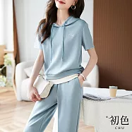 【初色】純色短袖抽繩連帽T恤+鬆緊運動褲長褲兩件式套裝-共2色-33316(M-2XL可選) M 藍色