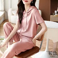 【初色】純色短袖抽繩連帽T恤+鬆緊運動褲長褲兩件式套裝-共2色-33316(M-2XL可選) M 粉紅色