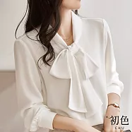 【初色】簡約文藝繫帶蝴蝶結長袖雪紡衫襯衫上衣女上衣-共2色-33397(M-XL可選) M 白色