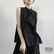 【初色】立領純色無袖寬鬆開衩復古盤釦開襟背心女背心-共2色-33404(M-2XL可選) L 黑色