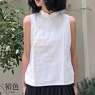 【初色】立領純色無袖寬鬆開衩復古盤釦開襟背心女背心-共2色-33404(M-2XL可選) L 白色