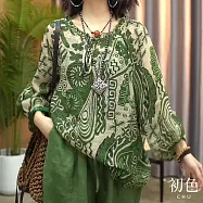 【初色】民族棉麻風中大碼荷葉邊領口抽象圖騰印花長袖T恤上衣女上衣-綠色-33409(M-2XL可選) M 綠色