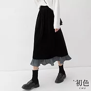 【初色】純色高腰拼接荷葉邊壓摺中長裙半身裙-黑色-10167(M-XL可選) M 黑色