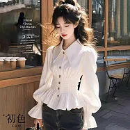 【初色】春日長袖喇叭袖翻領純色收腰襯衫上衣女上衣-白色-10169(M-XL可選) M 白色