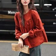 【MsMore】 圓領娃娃長袖簡約法式浪漫花邊捏褶造型減齡少女感短版# 124416 M 紅色