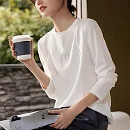 【MsMore】 玫瑰壓花設計立體線長袖T恤圓領基礎百搭白色棉上衣# 124462 M 白色