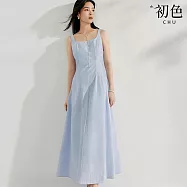 【初色】法式純色方領無袖收腰連衣裙連身洋裝長洋裝-共2色-10210(M-2XL可選) M 藍色