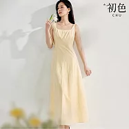 【初色】法式純色方領無袖收腰連衣裙連身洋裝長洋裝-共2色-10210(M-2XL可選) M 淺黃色