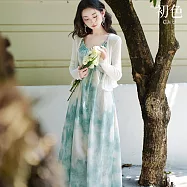 【初色】純色V領長袖防曬開衫女外套+高腰圓領無袖吊帶中長裙連衣裙連身洋裝套裝-花色-10369(M/L可選) M 花色