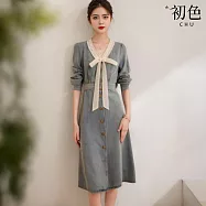 【初色】甜美風蕾絲花邊蝴蝶結壓褶收腰單排釦長袖牛仔裙連衣裙連身洋裝-淺藍色-10362(M-XL可選) M 淺藍色