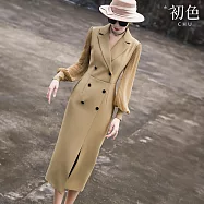 【初色】復古純色單排釦通勤西裝領修身顯瘦長袖開叉連衣裙連身洋裝-共2色-10329(M-2XL可選) L 卡其色