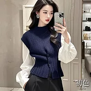 【初色】小香風純色泡泡袖襯衫上衣女上衣+收腰顯瘦坎肩無袖馬甲女背心-共3色-10280(F可選) F 藏青色