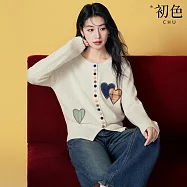 【初色】甜美風愛心刺繡單排彩釦圓領長袖毛衣針織衫外套上衣女上衣-共4色-10282(F可選) F 米色