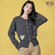 【初色】甜美風愛心刺繡單排彩釦圓領長袖毛衣針織衫外套上衣女上衣-共4色-10282(F可選) F 灰色