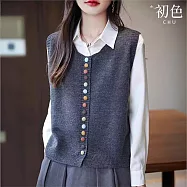 【初色】復古彩釦圓領無袖馬甲針織背心女背心-共4色-10281(F可選) F 灰色
