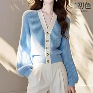 【初色】小香風撞色坑條V領單排釦長袖寬鬆針織上衣女上衣-藍色-10286(F可選) F 藍色