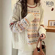 【初色】北歐圖騰螺紋軟糯圓領寬鬆長袖毛衣上衣女上衣-杏色-10278(F可選) F 杏色