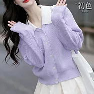 【初色】韓系撞色顯瘦休閒百搭翻領長袖針織外套女外套-紫色-10301(F可選) F 紫色