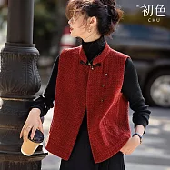 【初色】新中式國風小香風純色盤扣斜門襟立領無袖馬甲外套女外套-酒紅色-10246(M-2XL可選) 2XL 酒紅色