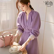 【初色】法式修身純色拼接蕾絲邊V領長袖中長裙連衣裙連身洋裝-紫色-10250(M-XL可選) M 紫色