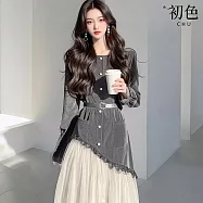 【初色】法式小香風純色拼接燈芯絨長袖中長裙連衣裙連身洋裝-灰色-10238(M-XL可選) M 灰色