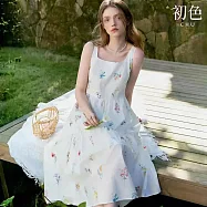 【初色】植物碎花印花寬吊帶方領高腰無袖中長裙連衣裙連身洋裝-花色-10211(M-2XL可選) M 花色