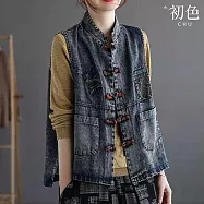 【初色】文藝民族風刺繡復古牛仔大碼寬鬆立領盤扣馬甲女背心-共2色-36983(M-4XL可選) M 淺藍色
