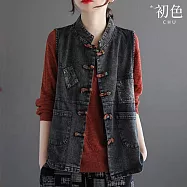 【初色】文藝民族風刺繡復古牛仔大碼寬鬆立領盤扣馬甲女背心-共2色-36983(M-4XL可選) L 黑色