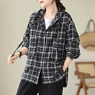 【ACheter】 格子襯衫寬鬆韓版時尚休閒磨毛長袖連帽中長外罩上衣# 124377 2XL 黑色