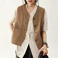 【ACheter】 復古繡花口袋工裝牛仔背心短版造型外套# 124473 2XL 卡其色