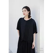 O-ni O-ni進口舒適超透氣羅馬棉圓領寬鬆剪裁拼接修身質感有型實穿短袖上衣(品質保證)_2925 F 黑色