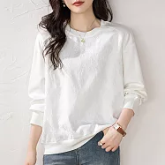 【MsMore】 洋氣緹花肌理感休閒圓領長袖短版上衣# 124380 M 白色