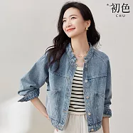 【初色】復古休閒簡約大口袋水洗立領長袖牛仔外套女外套-藍色-36858(M-XL可選) L 藍色