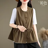 【初色】寬鬆顯瘦圓領無袖抽繩荷葉邊單排釦背心女背心-共4色-36872(M-2XL可選) M 綠咖色