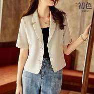 【初色】棉麻垂感純色單排釦口袋西裝領短袖外套女外套-共2色-36844(M-3XL可選) M 杏色