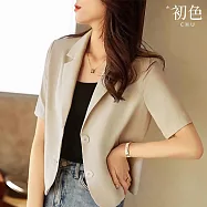 【初色】棉麻垂感純色單排釦口袋西裝領短袖外套女外套-共2色-36844(M-3XL可選) M 杏色