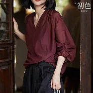 【初色】純色V領褶疊七分長袖襯衫T恤上衣女上衣-酒紅色-36826(M-2XL可選) M 酒紅色