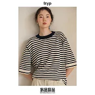 ltyp旅途原品 真絲亞麻棉經典升級條紋T恤休閒拼接撞色短袖上衣女 M L M 黑杏條紋