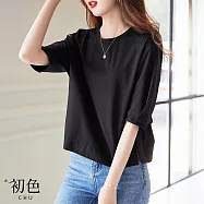 【初色】寬鬆顯瘦鈕扣帶收腰圓領五分短袖T恤襯衫上衣女上衣-共2色-36380(M-2XL可選) L 黑色