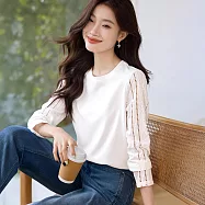 【MsMore】 棉布緹花鏤空拼接長袖圓領T恤基礎正肩短版百搭上衣# 124459 M 白色