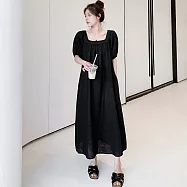 【MsMore】 輕奢氣質休閒寬鬆方領短袖顯瘦連身裙長版洋裝# 124491 L 黑色