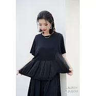 O-ni O-ni進口舒適超透氣羅馬棉下擺不規則拼接剪裁修身顯瘦實穿短袖上衣(品質保證)_2981 F 黑色