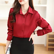 【MsMore】 17色免燙抗皺緞面長袖百搭職場襯衫純色短版上衣# 124525 L 酒紅色