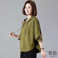 【初色】慵懶風純色百搭輕薄短款連帽長袖上衣女上衣-共2色-10334(M-2XL可選) M 綠色