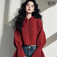 【初色】韓系純色字母蕾絲拼接長袖連帽帽T上衣女上衣-紅色-10336(M-2XL可選) M 紅色