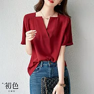 【初色】法式純色寬鬆方領V領短袖五分袖襯衫上衣女上衣-共2色-36329(M-2XL可選) XL 紅色