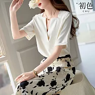 【初色】法式純色寬鬆方領V領短袖五分袖襯衫上衣女上衣-共2色-36329(M-2XL可選) L 白色